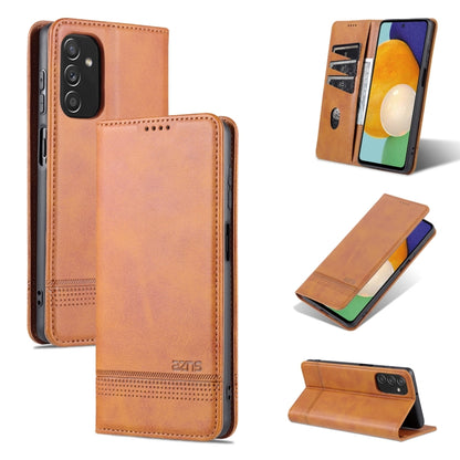 Light brown leather wallet-style flip phone case with magnetic closure and camera cutout
