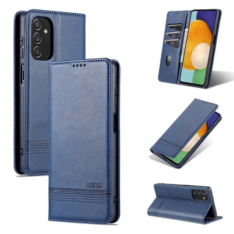 Dark blue leather wallet-style flip phone case with magnetic closure and camera cutout