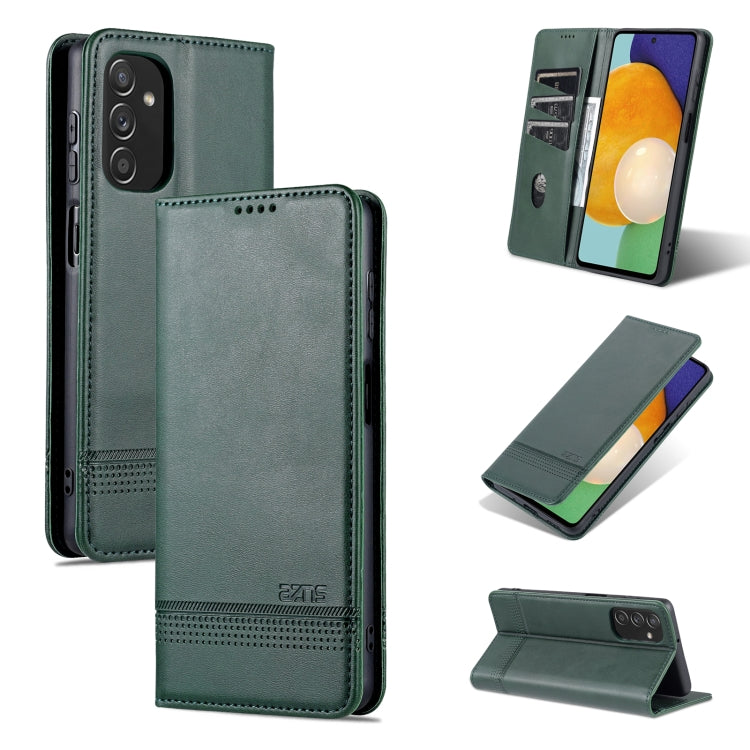 Dark green leather wallet-style flip phone case with magnetic closure and camera cutout