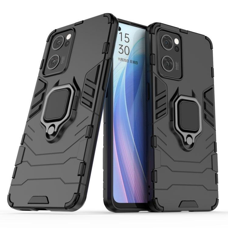 Rugged shockproof phone case with holder ring, black, front and back views