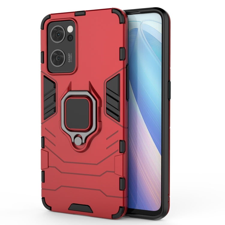 Shockproof phone case with holder ring, rugged red PC+TPU design and camera cutouts