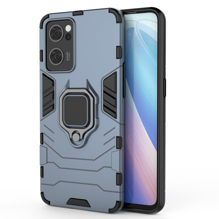 Shockproof phone case with holder ring, rugged navy blue PC+TPU design and camera cutouts