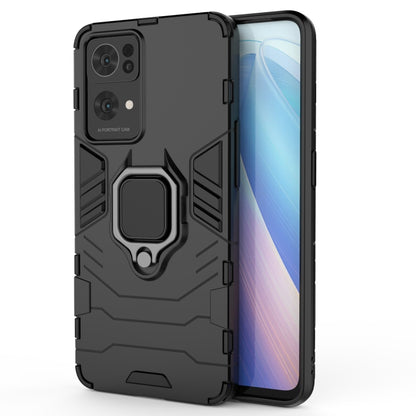 Rugged shockproof phone case with holder ring, black, back and front view