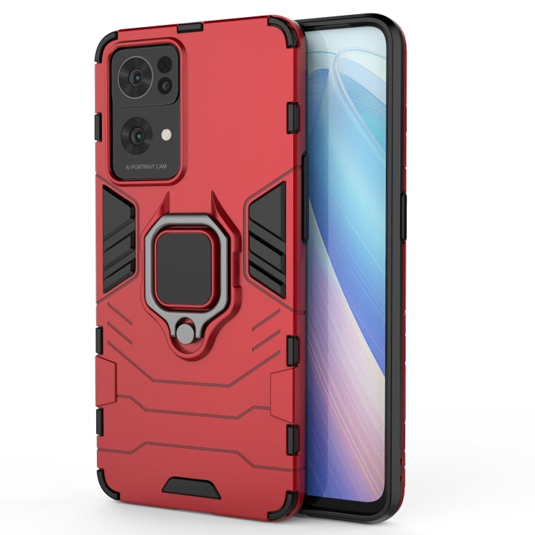 Shockproof phone case with holder ring, rugged red PC+TPU design with kickstand grip