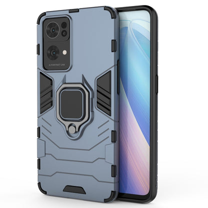 Shockproof phone case with holder ring, rugged navy blue PC+TPU design with grip panels