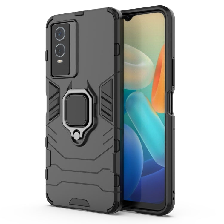 Rugged shockproof phone case with holder ring, dark gray, back and front view