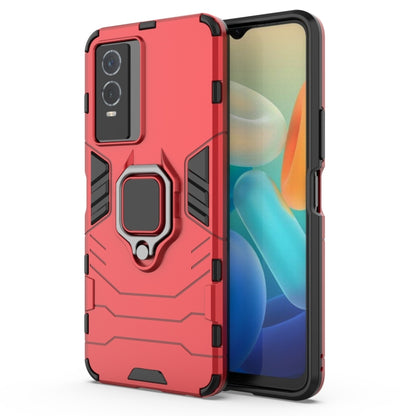 Shockproof phone case with holder ring, rugged red PC+TPU case with raised screen bezel