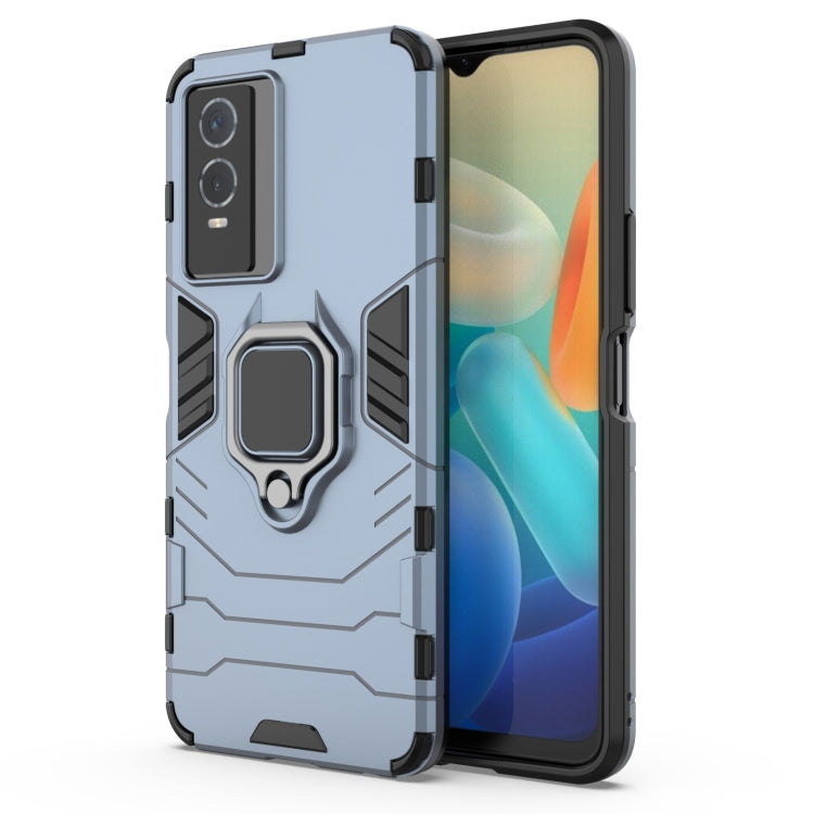 Shockproof phone case with holder ring, rugged navy blue PC+TPU case with raised edges