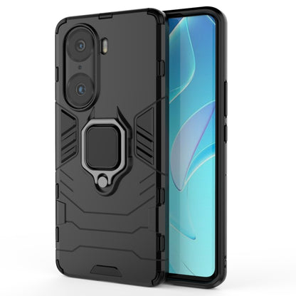 Rugged shockproof phone case with holder ring, black, back and front view