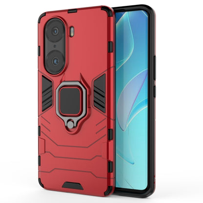 Shockproof phone case with holder ring, rugged red PC+TPU design, side grip panels