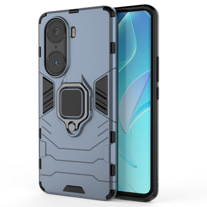 Shockproof phone case with holder ring, rugged navy blue PC+TPU design and side buttons