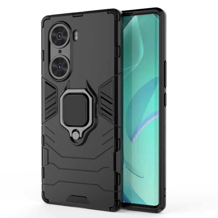 Shockproof phone case with holder ring, rugged black PC+TPU design and camera cutouts