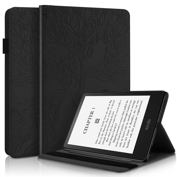 Black leather tablet case with embossed leaf pattern, front cover and fold stand