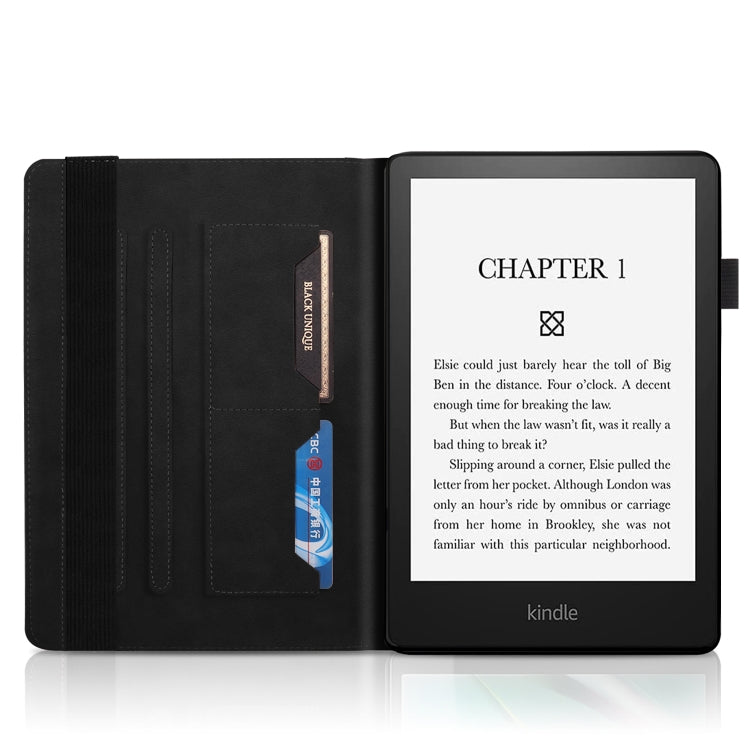Leather tablet case with embossed leaf pattern, open with document pockets and built-in stand
