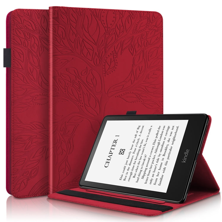 Red leather tablet case with embossed leaf pattern and fold stand for tablet