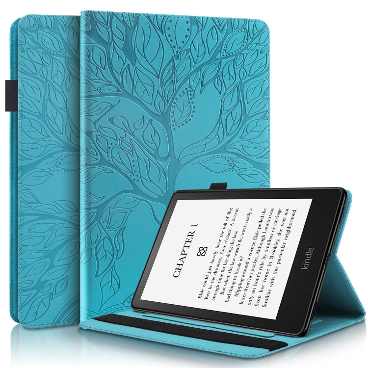 Lake blue leather tablet case with embossed leaf pattern and fold stand for tablet