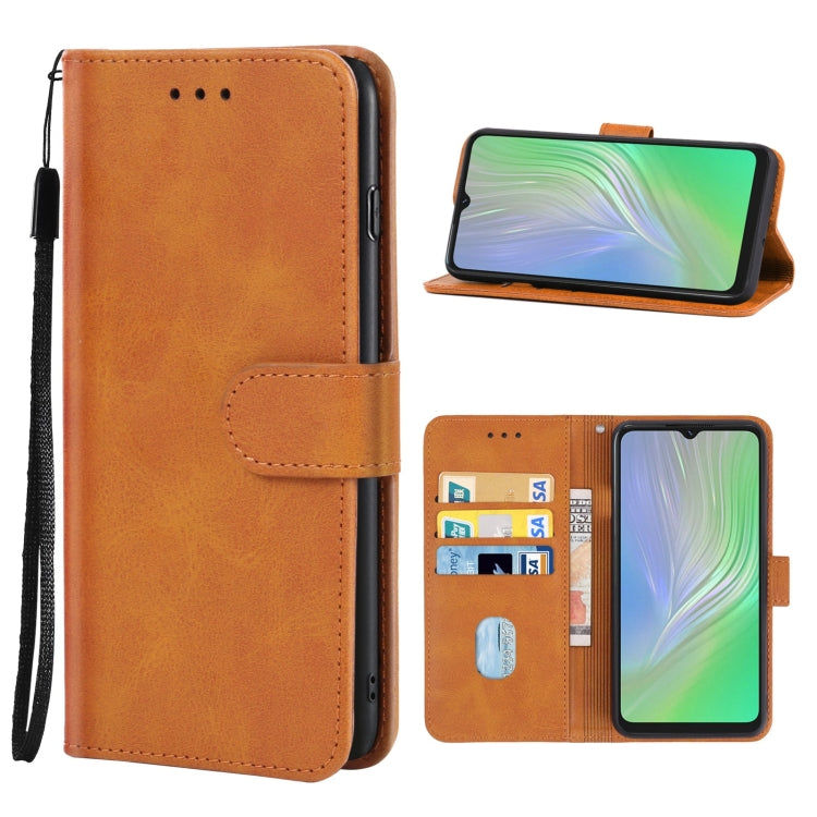 Brown leather wallet phone case with folio cover, card window, and side wrist strap