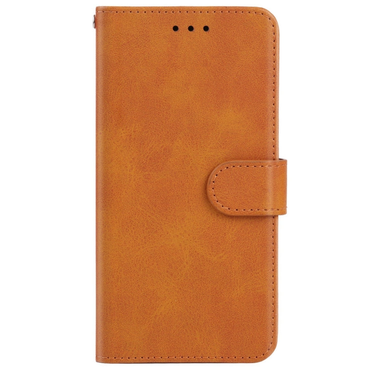 Brown leather folio phone case with flip cover and secure snap button closure