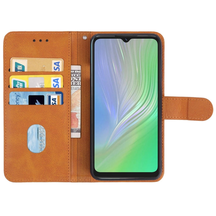 Brown leather wallet phone case with card slots, phone cutout, and horizontal stand flap