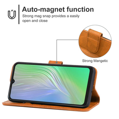 Brown leather phone case with auto-magnet style cover holding for landscape viewing