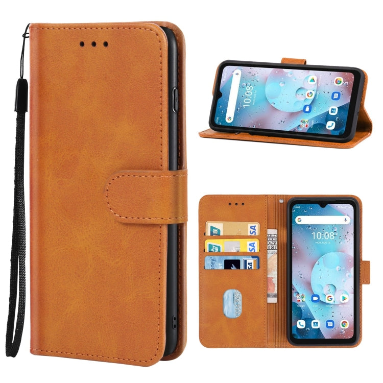 Brown leather wallet phone case with folio cover, card slots, and side wrist strap
