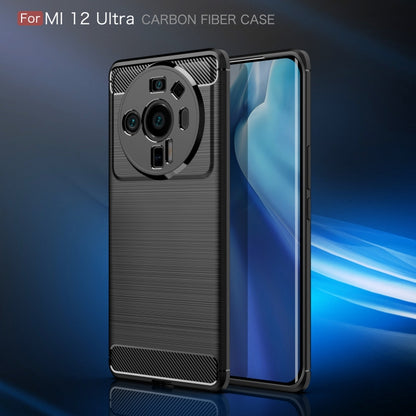 Black carbon fiber TPU phone case for Xiaomi Mi 12 Ultra, front and back angles