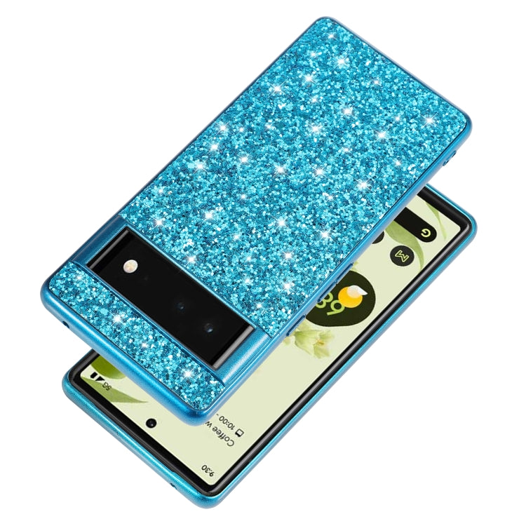 Blue glitter TPU phone case with raised edges and camera cutout.