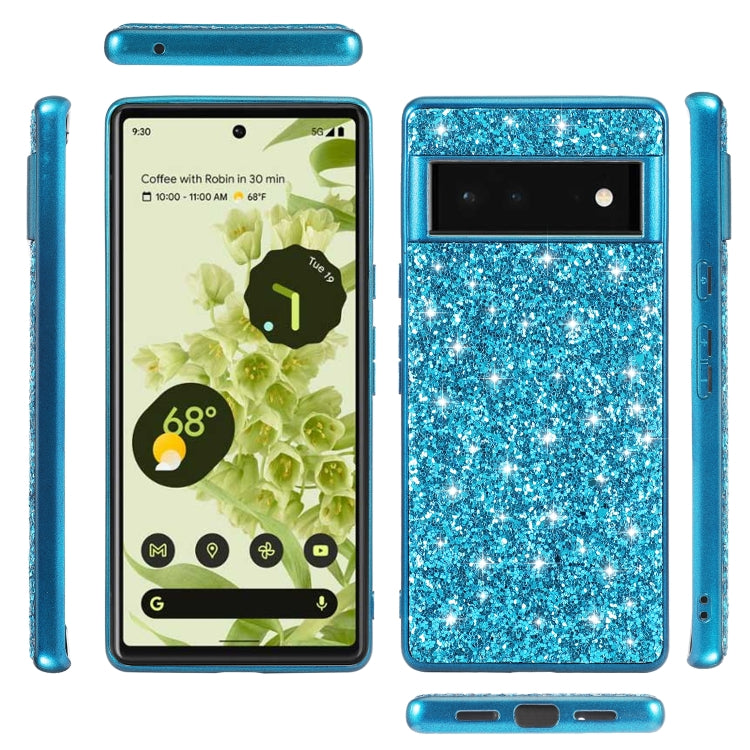 Blue glitter TPU phone case set, front and back views with side button cutouts.