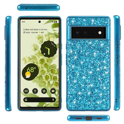 Blue glitter TPU phone case set, front and back views with side button cutouts.