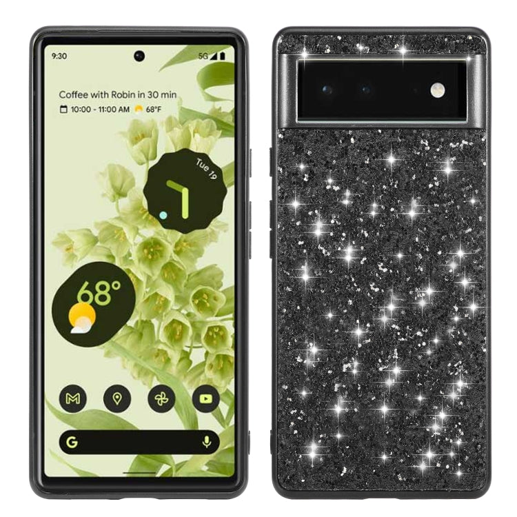 Black glitter TPU phone case with camera cutout, front and back views.