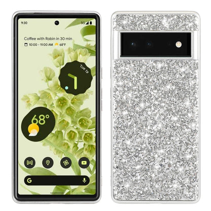 Silver glitter TPU phone case with camera cutout and shockproof bumper edges.