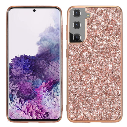 Rose gold glitter TPU protective phone case with shockproof corners and camera cutouts.
