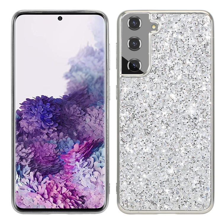 Silver glitter TPU protective phone case with shockproof corners and camera cutouts.