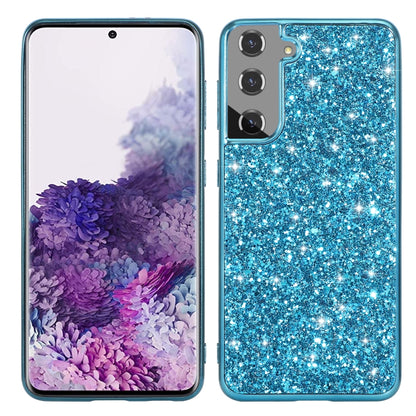 Blue glitter TPU protective phone case with shockproof corners and camera cutouts.