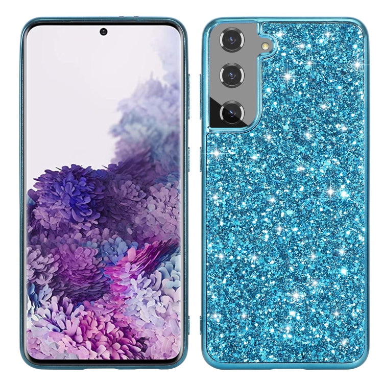 Glitter TPU phone case, blue sparkly back with camera and button cutouts.