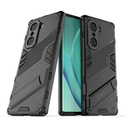Two-piece black rugged phone case, front view with teal screen and side armor