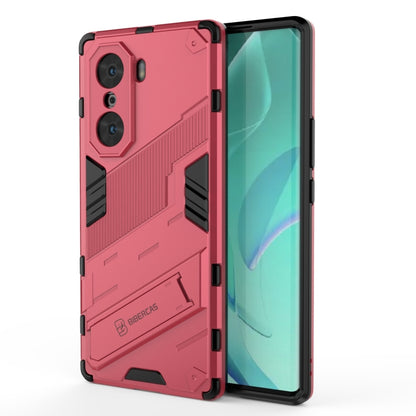 Red rugged phone case with armor corners, side grip; front and back view