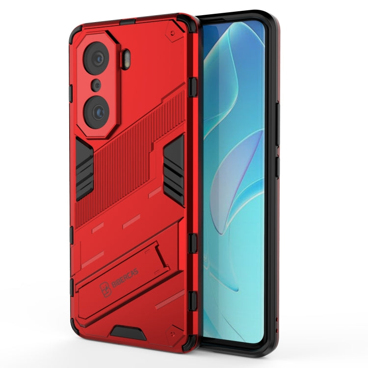Red rugged phone case with textured armor pattern and protected corners