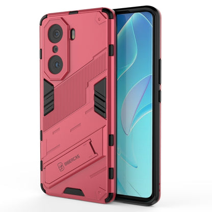 Red rugged phone case with armor corners and dual camera cutouts; front and back view