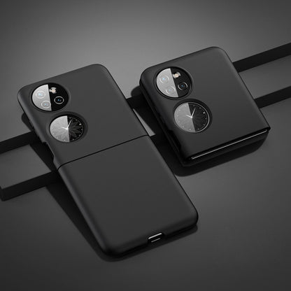 Black ultra-thin folding phone case with dual camera cutouts and circular ring grip.