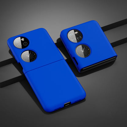 Blue ultra-thin folding phone case with dual camera cutouts and circular ring grip.