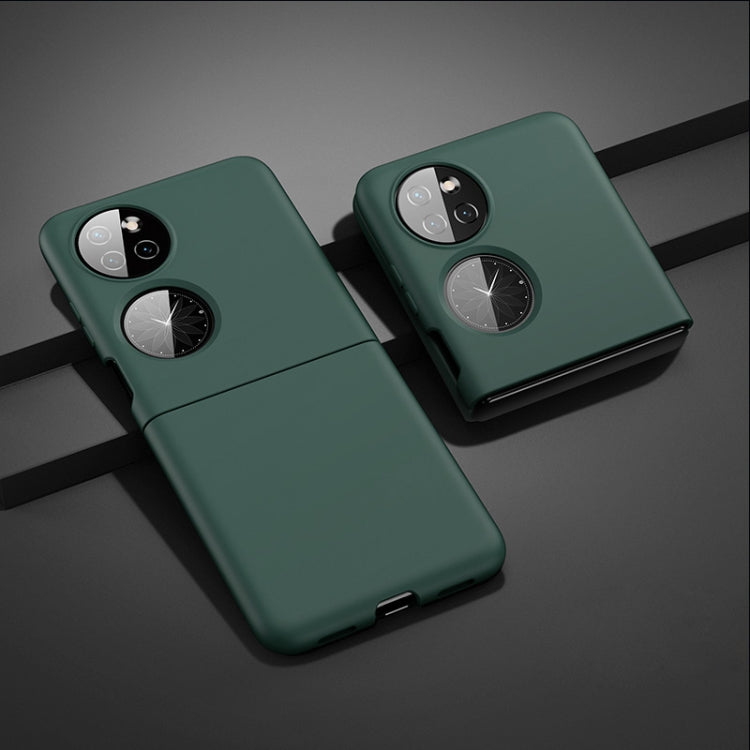 Green ultra-thin folding phone case with dual camera cutouts and circular ring grip.