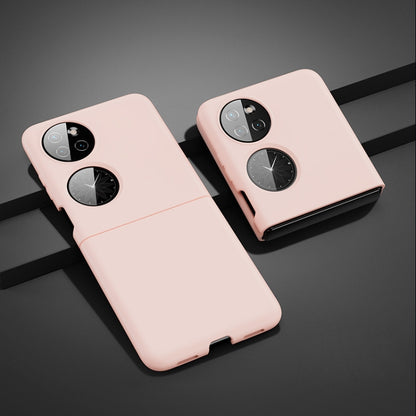 Pink ultra-thin folding phone case with dual camera cutouts and circular ring grip.