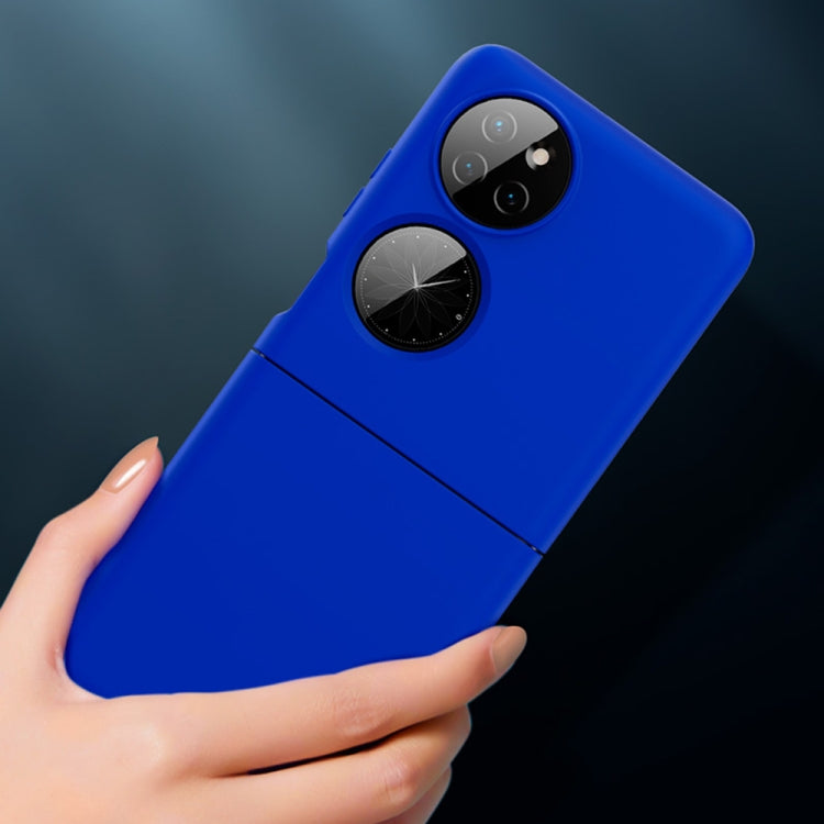 Ultra-thin folding phone case, blue with dual camera cutouts and fold seam