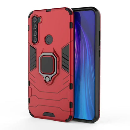 Red shockproof phone case with magnetic ring holder and raised camera protection