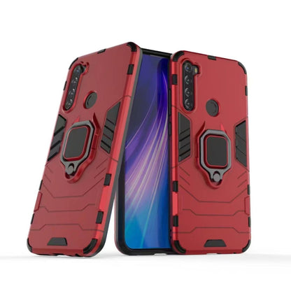 Red shockproof phone case with magnetic ring holder, shown front and back views