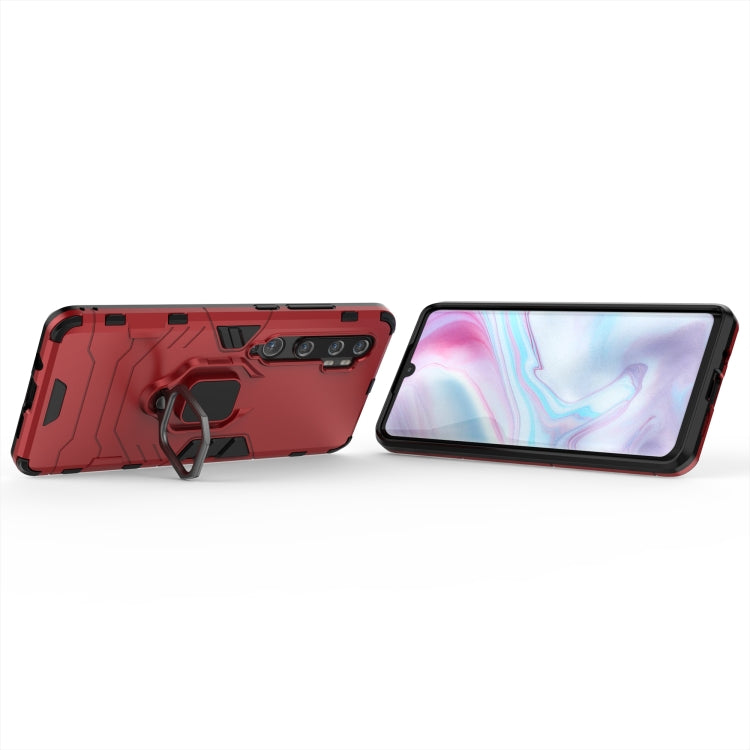 Red shockproof phone case with magnetic ring holder, back view and screen side profile