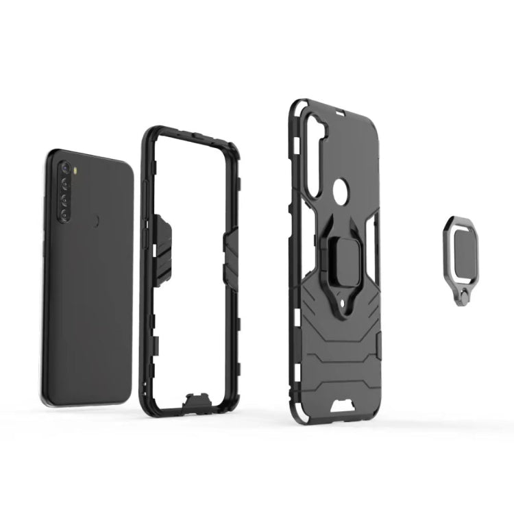 Black shockproof phone case with magnetic ring holder, shown with front and back openings