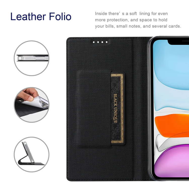 Black leather folio phone case with card slot pocket and soft inner lining