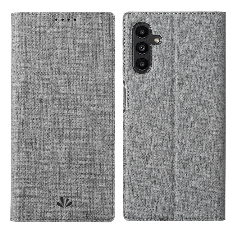 Light gray fabric magnetic folio phone case with camera cutout and top speaker holes
